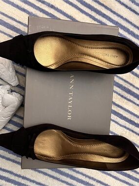 Ann Taylor Black Pointed Toe Flats with Gold Insole and Knot Accent